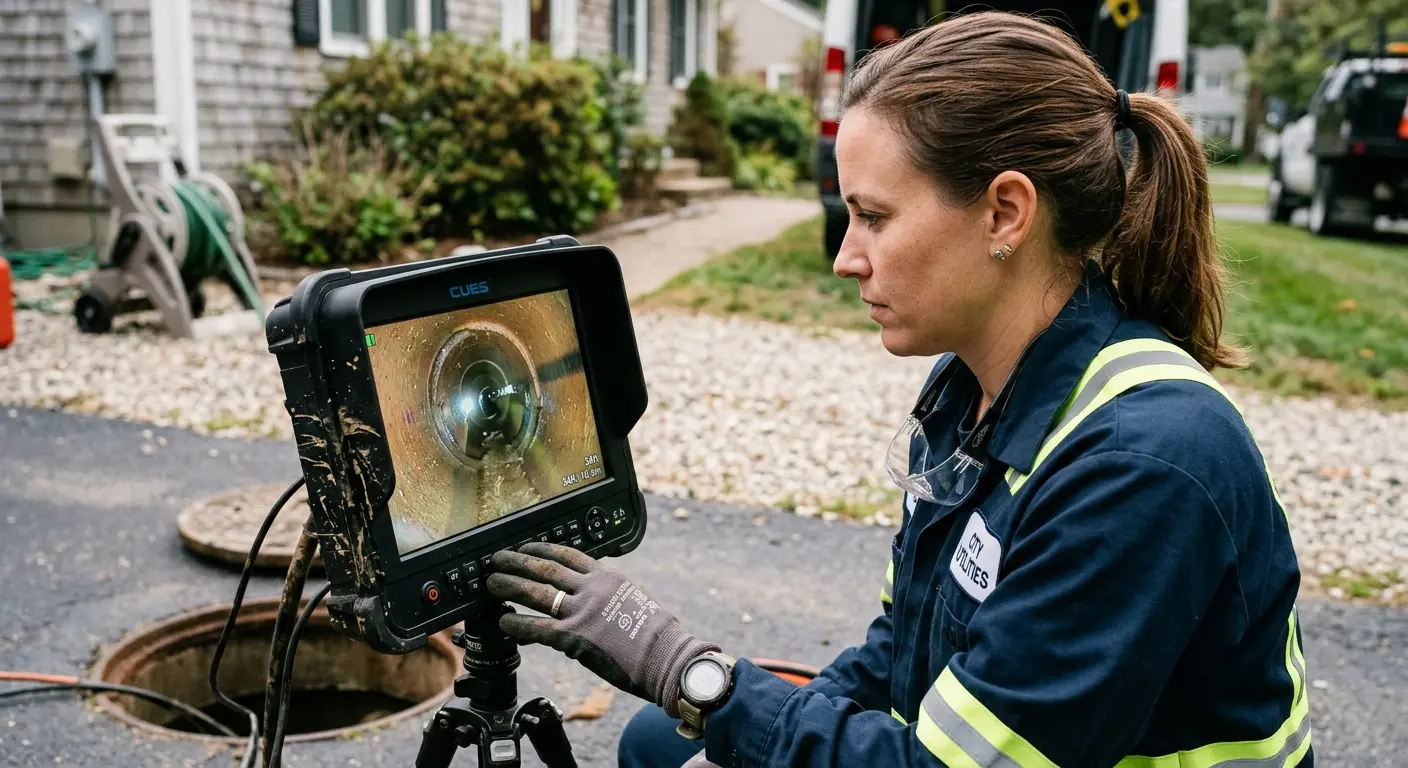 Technician reviewing sewer camera inspection footage in Carrboro
