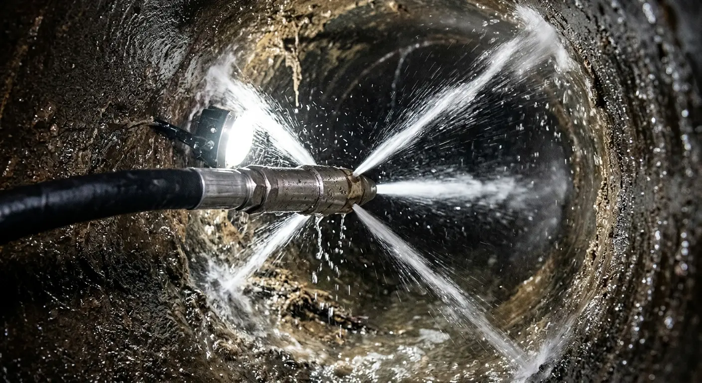 High-pressure hydro jetting nozzle cleaning sewer pipe for Emergency Drain Service in Carrboro